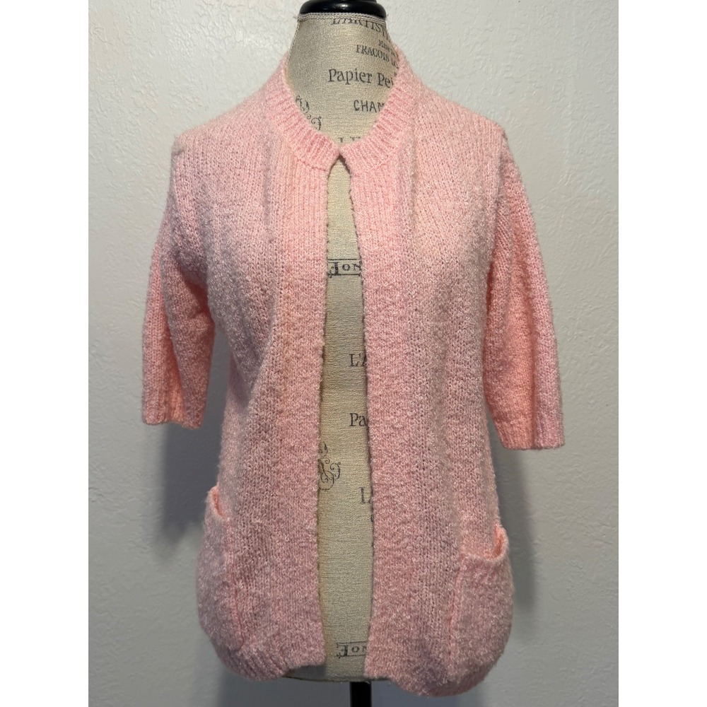 Vintage Le Chois Pink Knit Open Front Cardigan Elbow Sleeve Pockets Size S